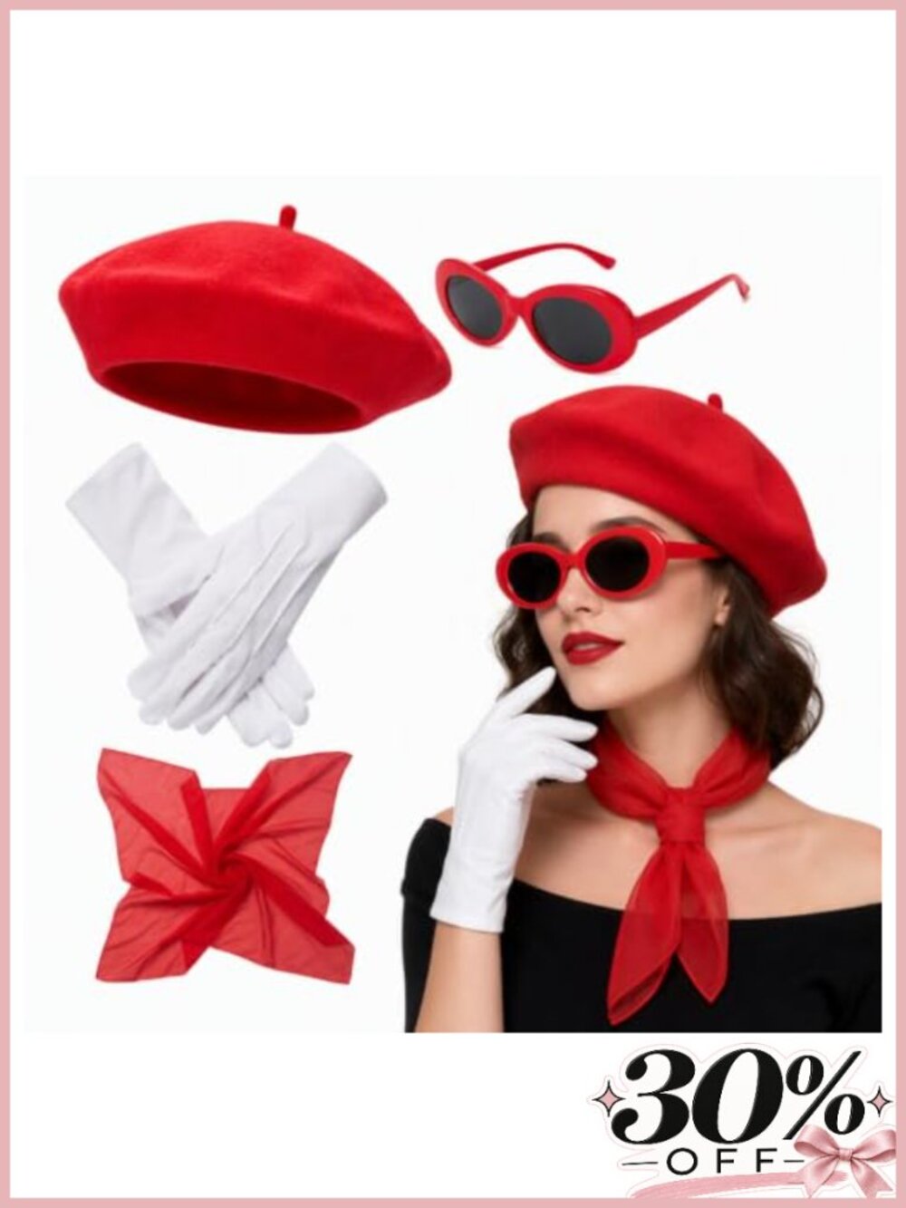 French Costume Set Red Beret Hat Scarf Gloves Sunglasses